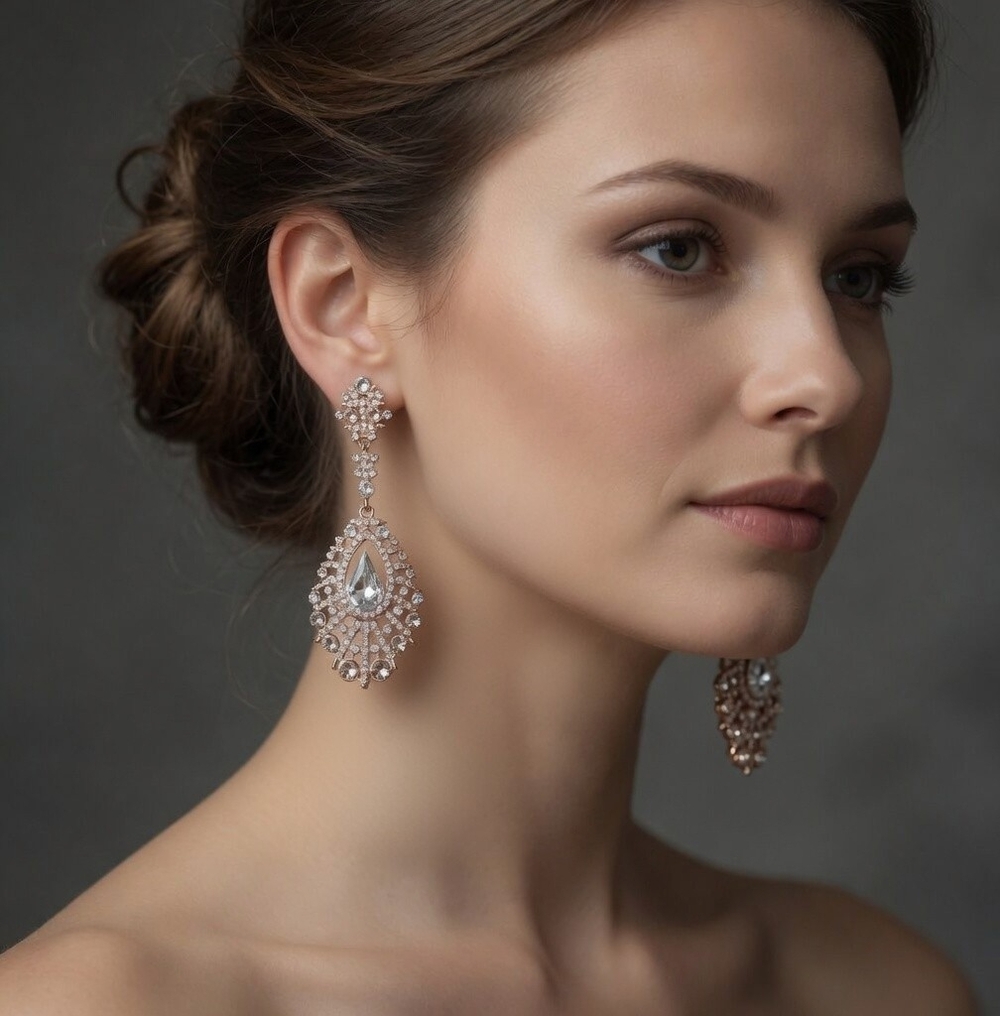 Rose Gold White Crystal Teardrop Dangle Earrings Fashion Jewelry NWOT